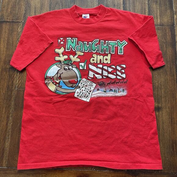 Vtg Naughty and Nice Christmas Shirt Men XL Short Sleeve 90s - Picture 2 of 8